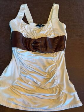 sky Cream Tank with Brown Leather Waist Belt Accent